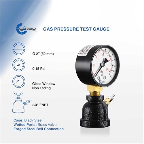 Gas Test Pressure Gauge 15 Pound, 15 PSI / 100 kPa, 3/4” FNPT Connection, Brass Valve, Forged Steel Bell Shape Body Assembly. - size: 3/4" FNPT 0-15 psi, style: Steel Black