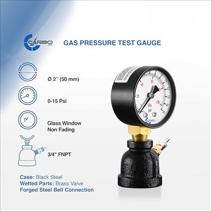 Gas Test Pressure Gauge 15 Pound, 15 PSI / 100 kPa, 3/4” FNPT Connection, Brass Valve, Forged Steel Bell Shape Body Assembly. - size: 3/4" FNPT 0-15 psi, style: Steel Black