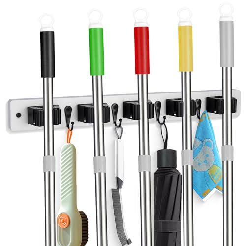 FunCee Broom Holder Wall Mount With 5 Slots & 4 Hooks，Rustic Wood Broom & Mop Hanger，Wall Mounted Garden & Garage Tool Storage Organizer Rack for Closet Laundry Room or Kitchen Wall Decor White - color: White