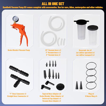 Brake Fluid Bleeder Kit with Handheld Vacuum Pump, 2 in 1 Brake Bleeder Kit for Automotive with Protected Case,with Gauge Adapters