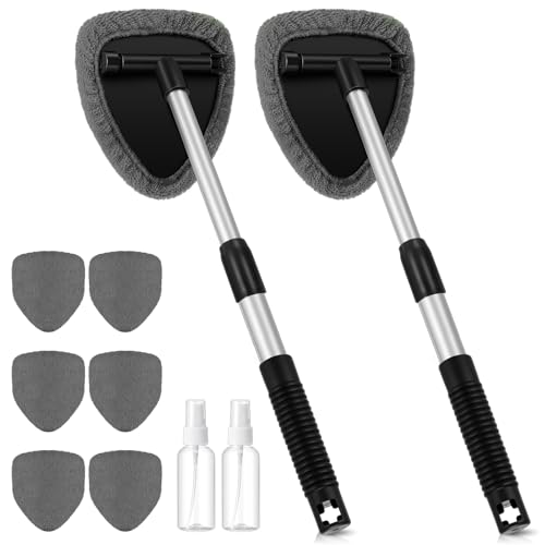 Baderke 10 Pcs Windshield Cleaner Tool Car Window Cleaning Supplies with Extendable Handle Include 6 Washable Microfiber Bonnets 2 Empty 60ml Spray Bottle Glass Wiper Kit (Gray) - color: Gray