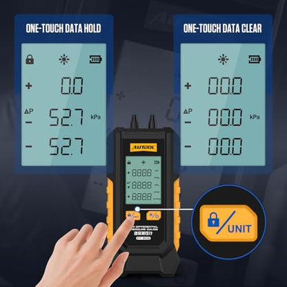 AUTOOL Manometer Gas Pressure Tester, Digital Manometer HVAC, 6 Units Differential Dual Port Pressure Gauge -101 to 200Kpa, Data Zeroing with Backlight LCD Display