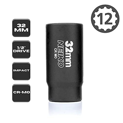 NEIKO 02523A 32mm Socket | 1/2” Drive Deep Impact Socket | Spindle & Axle Nut Socket | 12 Point |Chrome Molybdenum Cr-Mo |Deep Well Hub | Triple Square | Axle Shaft Nut Remover - size: 32 mm (Single)