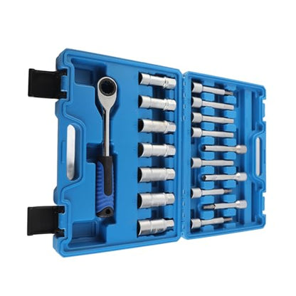 18pcs Shock Absorber Strut Nut Removal Socket Kit, Professional Car Suspension Repair Tool, Universal Strut Disassembly Set with PVC Grip Handles and Storage Box for