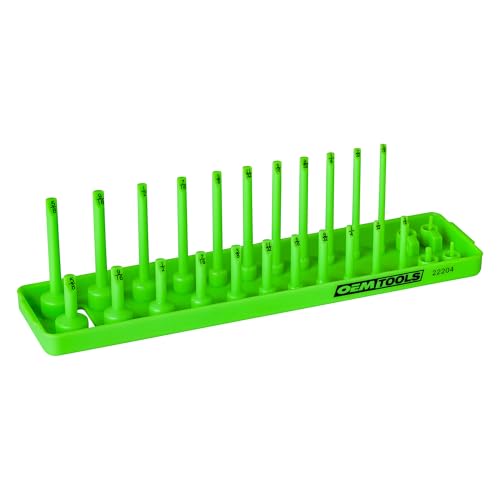 OEMTOOLS 22204 1/4" Socket Organizer (SAE), Socket Holder For Organizing Deep and Shallow Sockets, Labeled Posts, Dual Rail, Holds 1/8" to 5/8" | Dual Rail System Socket Holder, Socket Tray with Labeled Posts, Holds 1/8" to 5/8", Socket Organizer for Tool