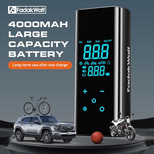 FADAKWALT Tire Inflator Portable Air Compressor, 150 PSI Cordless Air Pump for Car Tires with Smart Touch Screen, Auto Shut-Off Digital Gauge and SOS LED Light for Cars, SUVs, Bikes and Balls