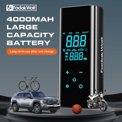FADAKWALT Tire Inflator Portable Air Compressor, 150 PSI Cordless Air Pump for Car Tires with Smart Touch Screen, Auto Shut-Off Digital Gauge and SOS LED Light for Cars, SUVs, Bikes and Balls