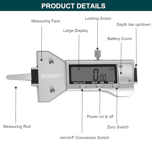 GODESON Metal Digital Tire Tread Depth Gauge, LCD Display Tire Tread Depth Gauge with 3 Modes-Fractional Inch, Decimal Inch and Millimeter,Precision Professional Measuring for Motorcycle, Car, Trucks - size: Single, style: Metal Digital Tire Tread Depth G