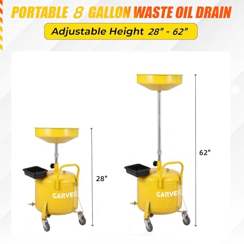 Garvee Oil Drain Container 8 Gallon, Portable Waste Oil Drain Tank, Air Operated Oil Drain Pan with Height-Adjustable Oil Drain Funnel, Oil Lift Drain for Auto Repair Shops, Garages, Yellow | Air Operated Drainer, Fluid Fuel Drainage, Adjustable Funnel He