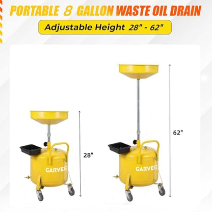 Garvee Oil Drain Container 8 Gallon, Portable Waste Oil Drain Tank, Air Operated Oil Drain Pan with Height-Adjustable Oil Drain Funnel, Oil Lift Drain for Auto Repair Shops, Garages, Yellow | Air Operated Drainer, Fluid Fuel Drainage, Adjustable Funnel He