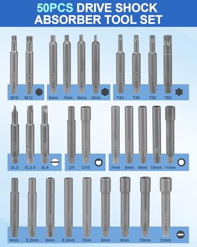 50PCS Strut Nut Socket Set, Shock Absorber Socket Set | Shock absorber tool kit for strut top nut removal; strut tool kit has pass-through ratchet and two strut spreader tools