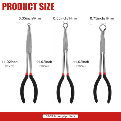 3PCS 11" Long Reach Hose Grip Pliers Set,Hose Gripper Pliers Kit,0.35/0.55/0.75in Long Reach Plier O-shape Tip Serrated Jaws,Offset Spark Plug Boot Removal Tool