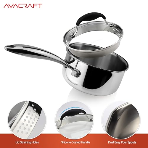 AVACRAFT Tri-Ply Stainless Steel Saucepan with Glass Strainer Lid, Two Side Spouts, Ergonomic Handle, Multipurpose Sauce Pan with Lid, Sauce Pot, Cooking Pot (Tri-Ply Full Body, 1.5 Quart) - size: 1.5 Quarts