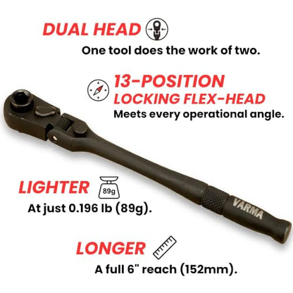 1/4" Drive Dual Flex Head Ratchet & Bit Driver – 6-inch long, 72-Tooth, 5° Swing Arc, High Torque, Chrome Vanadium Steel - size: 1/4" Drive Dual Flex Head Ratchet