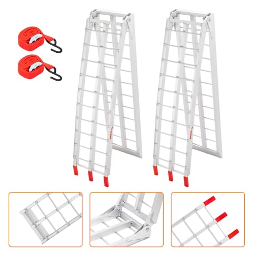 TUFFIOM 7ft Aluminum Motorcycle Ramps 1500lbs Capacity, 2pcs Folding Loading Truck Ramps for Pickup Trucks Bed, Trailer Ramp with Load Straps for UTV/ATV/Lawn Mower/Dirt Bike, Lightweight & Portable