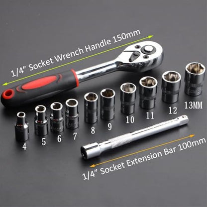 Socket Wrench Set 12-Piece 1/4 Inch Drive | Mini Ratchet, 10 Sockets 5-14mm, 2-Way Quick Release Handle, Extension Bar