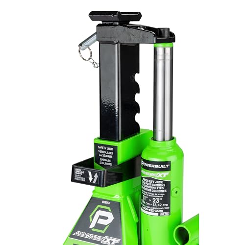 POWERBUILT 3 Ton All-in-One Hydraulic Bottle Jack and Jackstand in One, Compact, Wide Base, 11-21 Inch Range, Eliminates Jackstands, for Trucks, SUVs, RVs, Trailers, ASME, Not for Sedans - 640912 - color: green