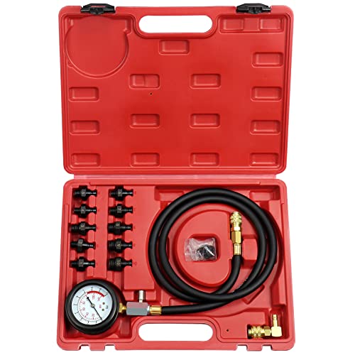 JoyFans Oil Pressure Tester Tool, 0-140PSI Oil Pressure Gauge Kit for Fuel System Mechanical Sensor Engine Cylinder Compression Test with Hose Adapters for Cars ATVs Trucks Use Red Case - color: Red Suitcase