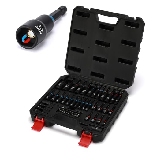 55PCS Magnetic Nut Driver Set, Metric & SAE Magnetic Impact Drill Driver Bit, Deep Nut Driver Set, Wing Nut Driver, 1/4" Quick Change, Heavy Duty Socket Adapters & Bit Extensions, Storage Box