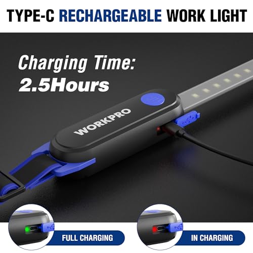WORKPRO Rechargeable Underhood Work Light, 25inch Long Foldable LED Work Light Bar, 3 Lighting Modes with Adjustable Straps and Hooks, Magnetic Light for Car Repairing/Garage/Workshop/Emergency