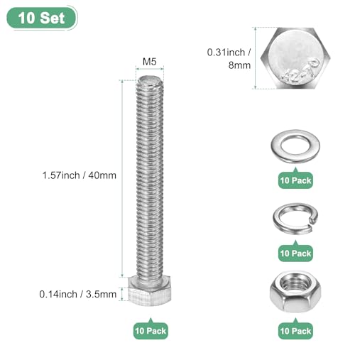 M METERXITY 10-Pack Hex Head Screw Bolt with Nuts Flat & Lock Washers M5x40mm Stainless Steel Bolts and Nuts Kit Fully Threaded Metric Bolt Assortment for Equipment/Machinery - size: M5x40mm