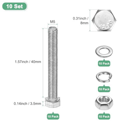 M METERXITY 10-Pack Hex Head Screw Bolt with Nuts Flat & Lock Washers M5x40mm Stainless Steel Bolts and Nuts Kit Fully Threaded Metric Bolt Assortment for Equipment/Machinery - size: M5x40mm