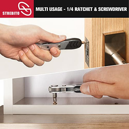 STREBITO Mini Ratchet Set, 22-Piece 1/4 Ratchet Right Angle Screwdriver | 36-Tooth Small Ratcheting Wrench Bit Ratchet For Tight Spaces, with Phillips, Torx, Hex, Square and Adapter for Socket - color: 22 in 1