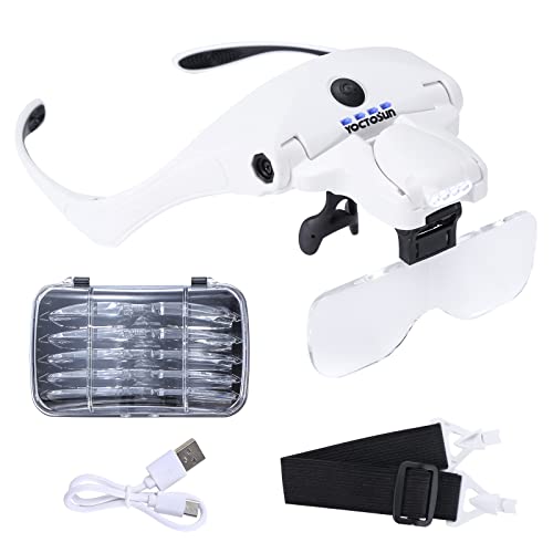 YOCTOSUN Magnifying Glasses with 4 LED Lights, Headband Magnifier with 5 Detachable Lenses 1X, 1.5X, 2X, 2.5X 3.5X -Rechargeable Hands Free Lighted Head Magnifier Glass for Crafts, Cross Stitch, Hobby - color: White