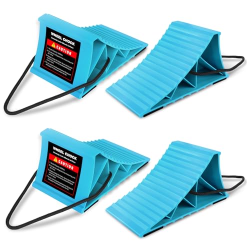Wheel Chocks 4-Pack, Hard Plastic RV Tire Chocks with Rope for Easy Removal, Non-Slip Wheel Stoppers Block for Trailers, Trucks, Ramps, Workshops and Uneven Ground - color: Blue-4 Pack