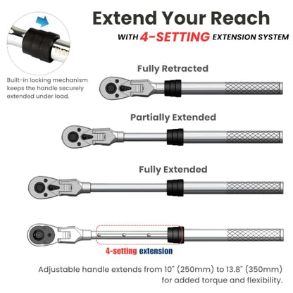 3/8" Drive Ratchet – 10–13.8" 4-Stage Extendable Handle, 90T Flex Head, Quick Release, Chrome Vanadium - size: 3/8" Drive Ratchet