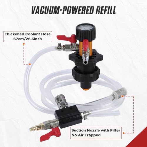 Coolant Vacuum Refill Kit Auto Radiator Air Evacuation Fill Tool | For radiator cooling system; equipped with pressure gauge; comes with 5 dedicated adapters; fits cars, trucks, SUVs & RVs