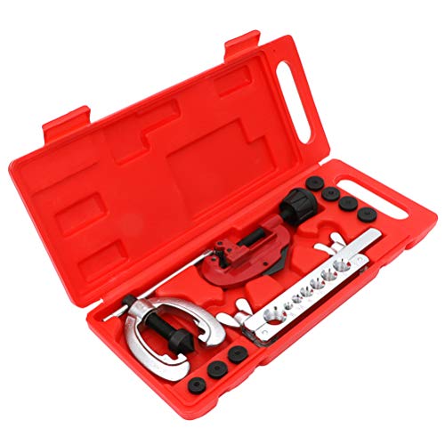SCITOO Double Brake line Flaring Tubing Tool and Pipe Brake Line Cutter Tool Set for Copper Aluminum Steel Brass, 7 Dies 3/16"-5/8"