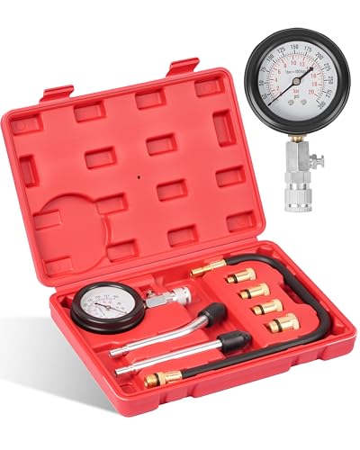 DAYUAN Professional Petrol Engine Compression Tester Kit Set, Red Case | 8 Pcs, 14mm & 18mm Adapters, Dual Scale Gauge, 0-300 PSI/0-20 Bar, Reinforced Rubber Hose, Universal for Cars Motorcycles - color: Red