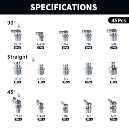 15Sizes Grease Fitting Assortment SAE and Metric Zerk Grease Fittings Kit 1/4 1/8 M6 M8 M10 Straight 45 90 Degree Zerks Nipples (Pack of 45Pcs)