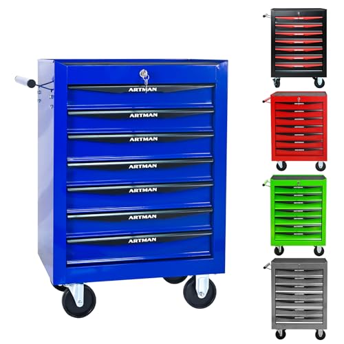 7-Drawer Rolling Tool Chest, Lockable for Garage, Blue | Mobile Mechanic Tool Cabinet with Ball Bearing Slides, Heavy Duty Metal Tool Box Organizer for Storage - color: Blue, size: 7-Drawers