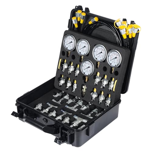 Hydraulic Pressure Test Kit with 5 Gauges up to 10000 PSI 10–600 Bar, 13 Couplings 14 Tee Connectors and 5 Hoses, Hydraulic Tester for Excavators Loaders and Construction Equipment