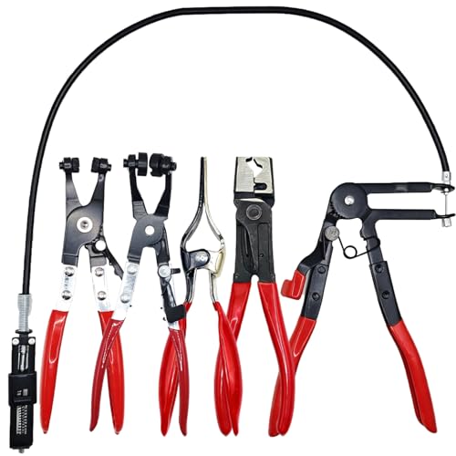 5 Pcs Hose Clamp Pliers Set, Automotive Long Reach Hose Clamp Removal Tool, 27" Flexible Wire Spring, Swivel Jaw Flat Band Plier, Hose Remover, Clic-R Collar Plier for Fuel Oil Water Hose