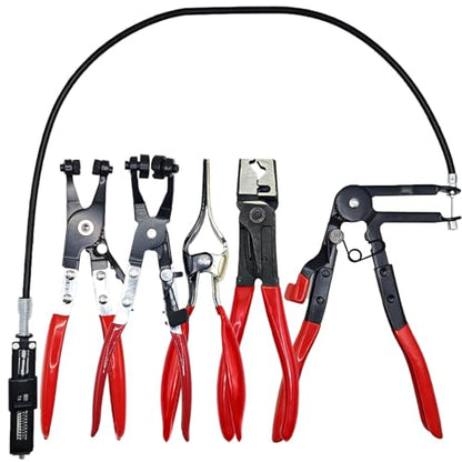 5 Pcs Hose Clamp Pliers Set, Automotive Long Reach Hose Clamp Removal Tool, 27" Flexible Wire Spring, Swivel Jaw Flat Band Plier, Hose Remover, Clic-R Collar Plier for Fuel Oil Water Hose