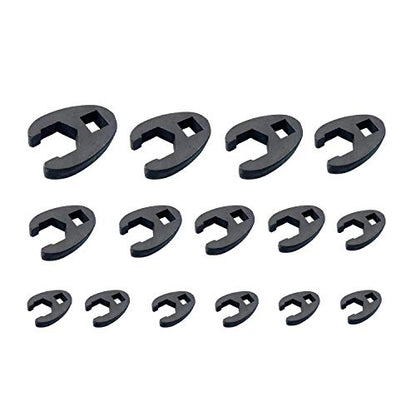 HFS(R 3/8-Inch and 1/2-Inch Drive Crowfoot Flare Nut Wrench Set, Metric, 8mm to 24mm | 15-Piece Set, Cr-Mo Steel