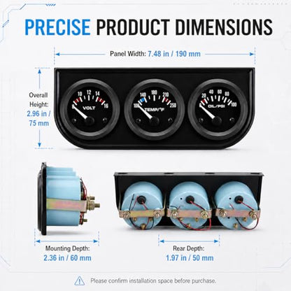 2" 52mm Triple Gauge Set, Oil Pressure Gauge | Water Temp Gauge, Voltmeter, 12V Car Truck Boat Marine - color: WHITE