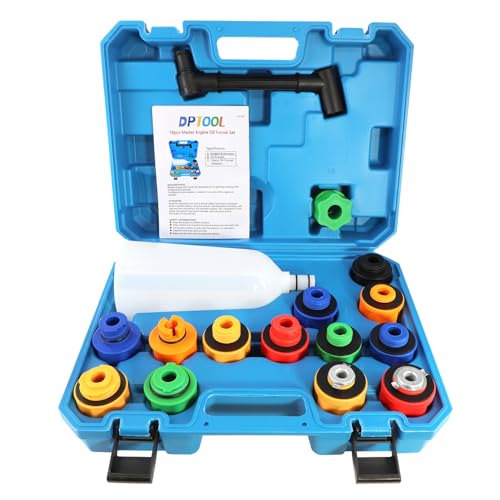 DPTOOL Oil Funnel Set, 2 qt Automotive Oil Funnel Set for Engine Oil Changes, Oil Dispenser Funnels Kit with Flexible Extension and 14 Oil Cap Adapters Compatible with GM Ford VW BMW Audi Toyota Etc