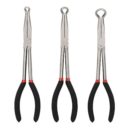CASOMAN 3Pcs 11" Hose Gripper Plier Set, Black & Red, 5/16-Inch, 1/2-Inch, 3/4-Inch Dia, Offset Spark Plug Boot Removal Pliers Serrated Jaws for Hard to Reach Narrow Spaces - style: 3PCS