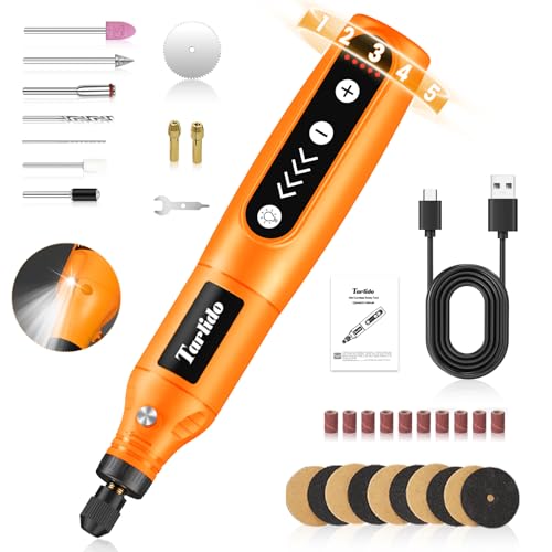 Tarlido Cordless Rotary Tool Kit, 3.7V 2.0Ah Rechargeable Battery, 18000RPM 5-Speed Multi Power Carving Tools, 31Pcs Accessories, Engraving, Sanding, Grinding, Polishing, Carving, Etching, DIY-Orange - color: Orange With Light