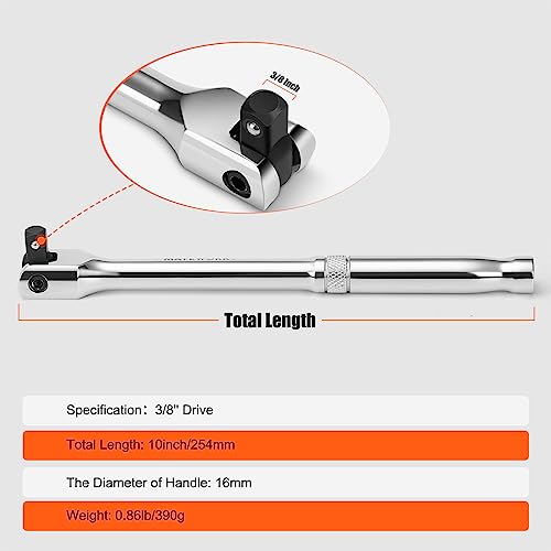 Matework 3/8'' Drive Breaker Bar, 10 Inches Long Extension Breaker Bar with 180-Degree Cr-V Flex Head and Engraved Non-slip Handle, Polished Finish, Home Use Socket Wrench - style: 3/8'' Drive (10-inch)