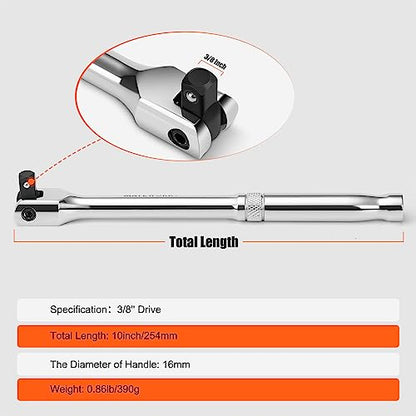 Matework 3/8'' Drive Breaker Bar, 10 Inches Long Extension Breaker Bar with 180-Degree Cr-V Flex Head and Engraved Non-slip Handle, Polished Finish, Home Use Socket Wrench - style: 3/8'' Drive (10-inch)