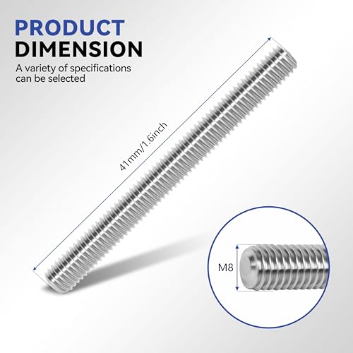 24 Pcs 304 Stainless Steel M8 Fully Threaded Rod,1.6"(41mm) Threaded Rod,Right Hand Threads，with Nuts (24, M8x41mm) - size: M8x41mm