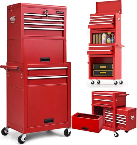 Goplus 6 Drawers Tool Chest, Rolling Metal Tool Box with Universal Wheels, Protective Liner, Detachable Top Toolbox, Auto Lock, 3-in-1 Large Tool Cabinet for Garage Shop Auto Repair - color: Red, style: Large 6 Drawers
