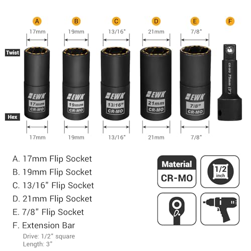 EWK 1/2-inch Drive Lug Nut Remover, 6 Pcs Impact Flip Socket Set (17, 19, 21 mm, 13/16", 7/8"), 6-Point & Twist Socket, Stripped/Rounded Bolt Extractor Removal Tool with 3" Extension Bar - style: Hex/ Twist Dual-end Socket Set