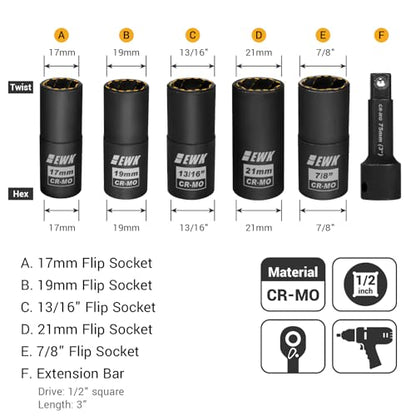EWK 1/2-inch Drive Lug Nut Remover, 6 Pcs Impact Flip Socket Set (17, 19, 21 mm, 13/16", 7/8"), 6-Point & Twist Socket, Stripped/Rounded Bolt Extractor Removal Tool with 3" Extension Bar - style: Hex/ Twist Dual-end Socket Set