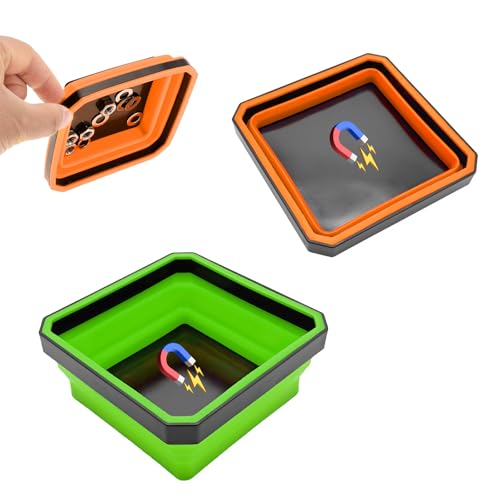 Yourkar 2 PCS Collapsible Magnetic Parts Tray, 4.5 Inch Foldable Magnetic Square Silicone Tray, Tool Tray Set with Double-Sided Magnetic Base for Screw Bolts Nuts Pins, Car Accessories (Green+Orange) - color: Green+Orange, 2 PCS